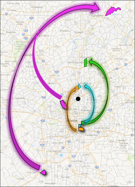 The map above shows the top five origin-destination pairs for drivers on a typical weekday morning on the affected section of I-85 NB.