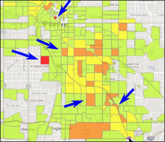 This shows the origin TAZs of trips to the Denver Technology Center that use I-25