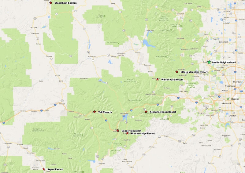 This map shows the ski resorts that Jamil could feasibly drive to from Boulder his Boulder neighborhood for a ski day trip.