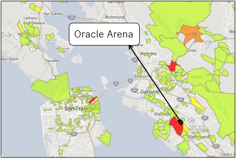These are the aggregate home locations of Warriors game attendees in March