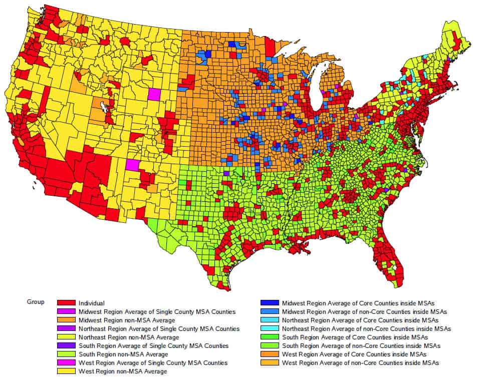 For red counties, data is available for each county. For other colors, data is available as an aggregated group.