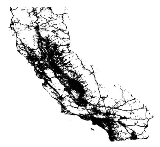 Dot map of truck end points within California.