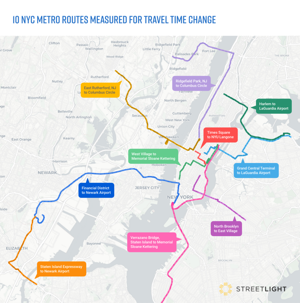 map of 10 NYC metro routes measured for travel time change