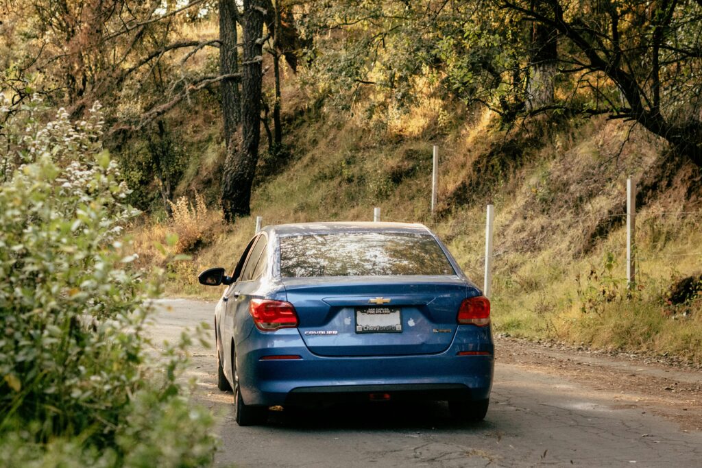 a connected car in rural area with trees and bushes