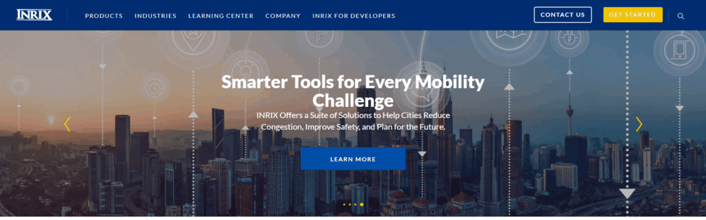 A screenshot of INRIX's homepage shows a city skyline enhanced by a variety of smart technologies