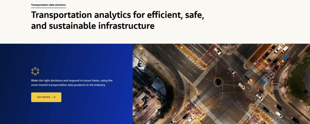 A screenshot of StreetLight's homepage visualizes pings from connected vehicles passing through an intersection