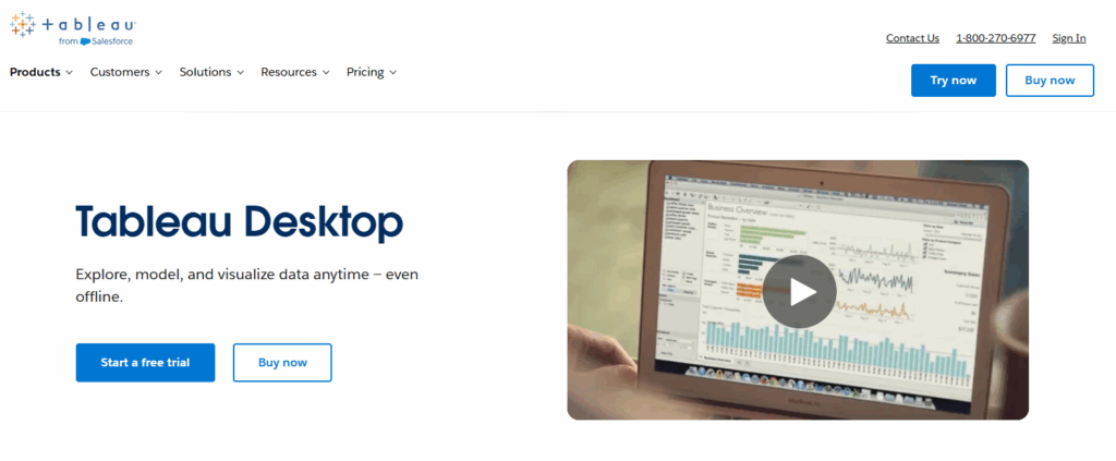 A screenshot of Tableau's homepage showing its data analysis software for large and small businesses
