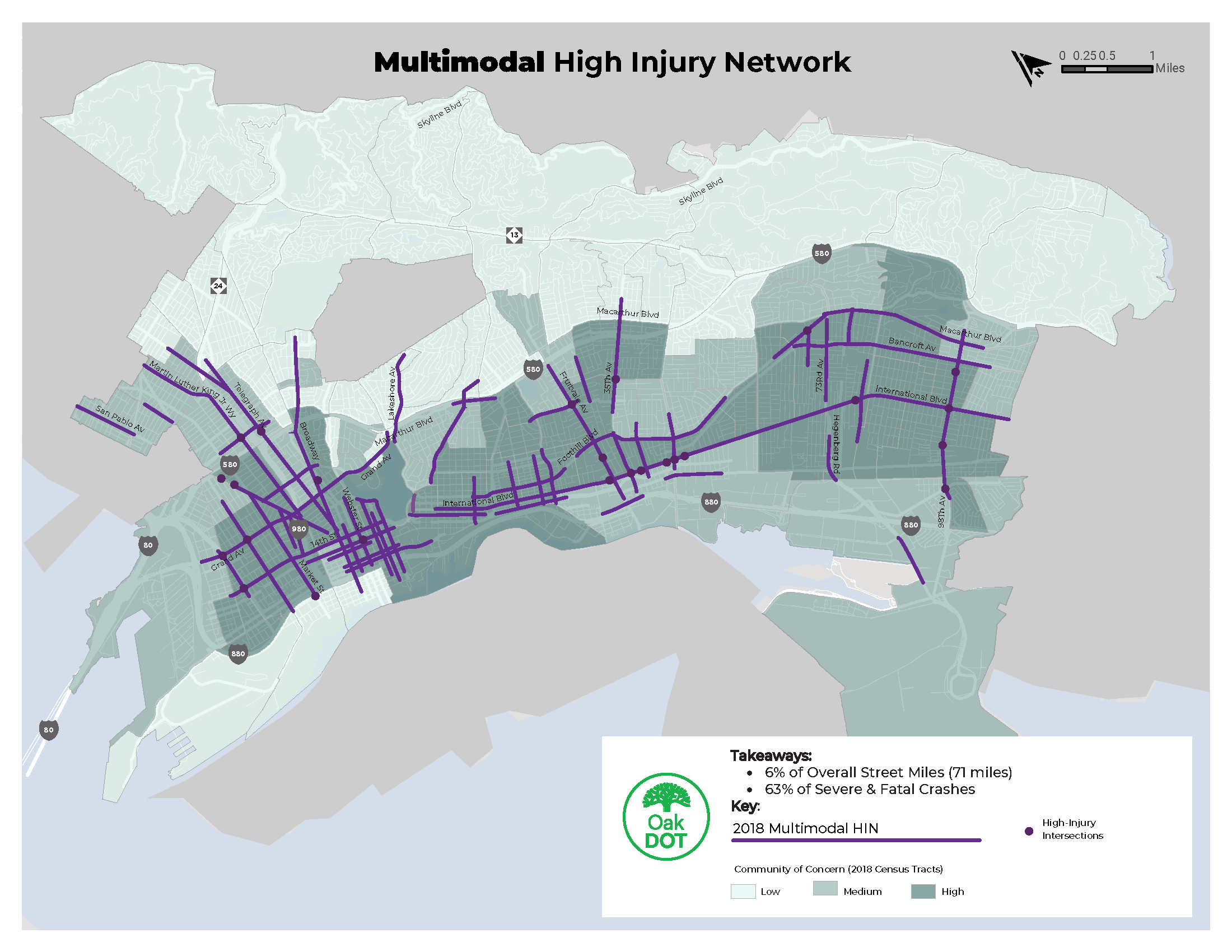map of Oakland's Multimodal High Injury Network