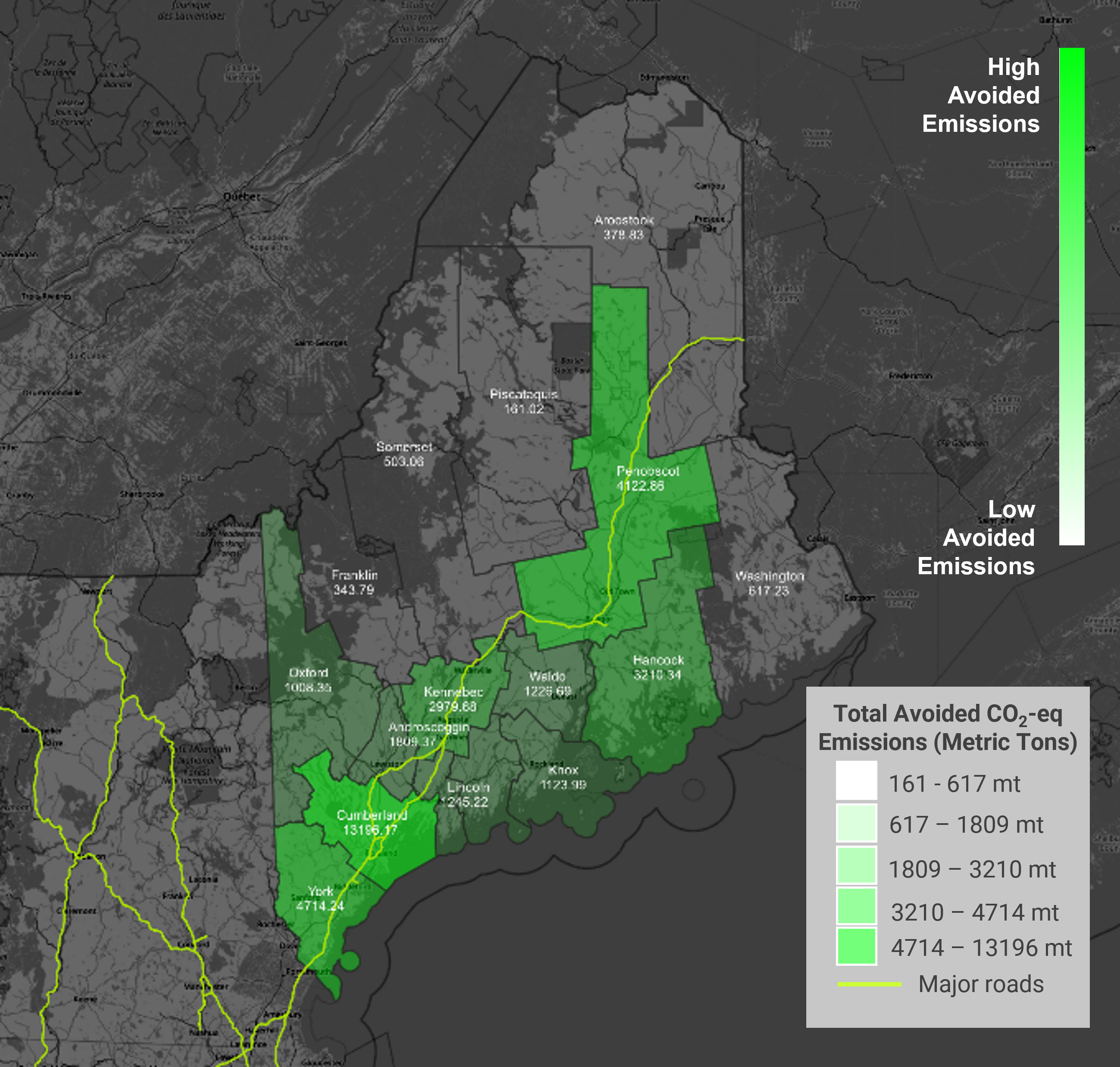 GHG emissions avoided from Electric Vehicles in Maine counties