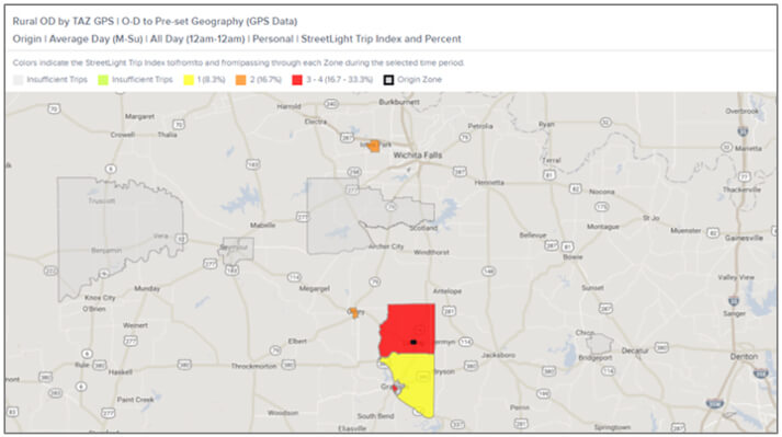 StreetLight InSight heat map shows the destinations of personal trips that originate in Loving County, Texas