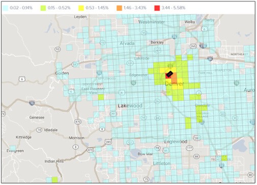 heatmap shows the aggregate work locations for people that live in and nearby the Lodo neighborhood of Denver