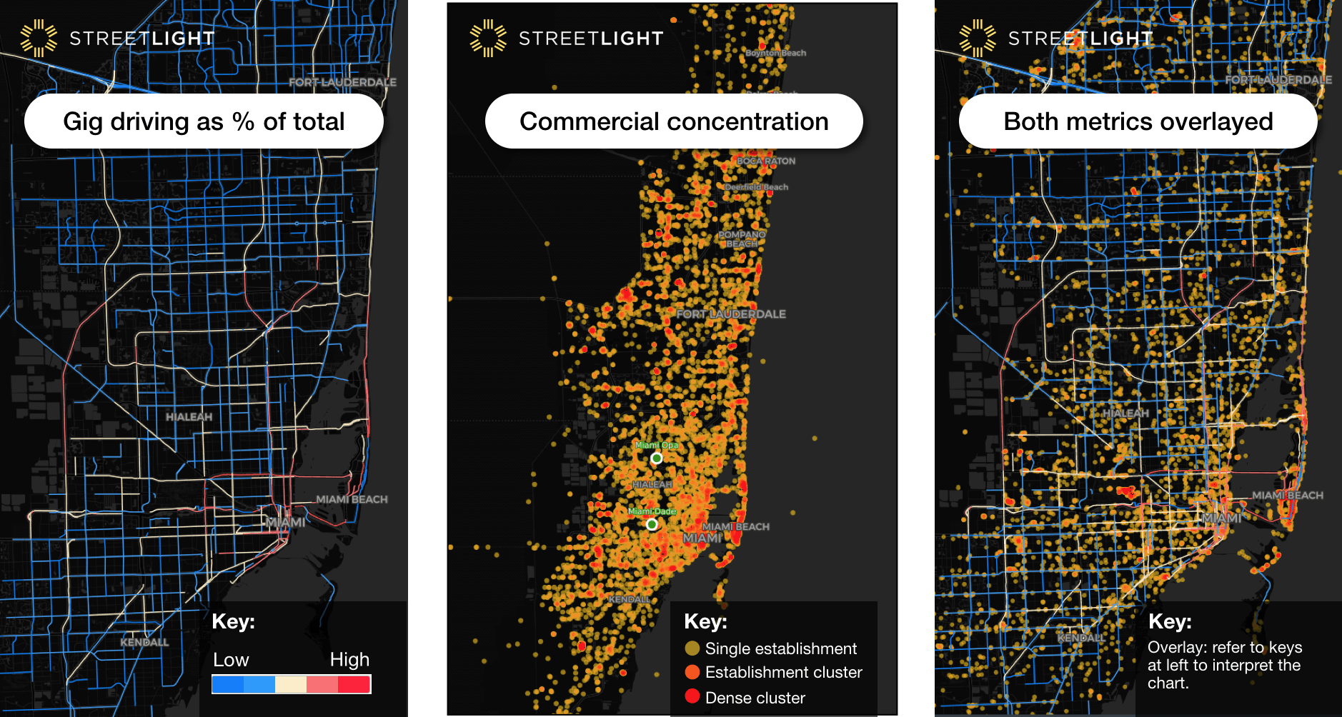 Gig driving as percent of total, location of commercial points of interest (like restaurants, bars, entertainment) and a mashup.