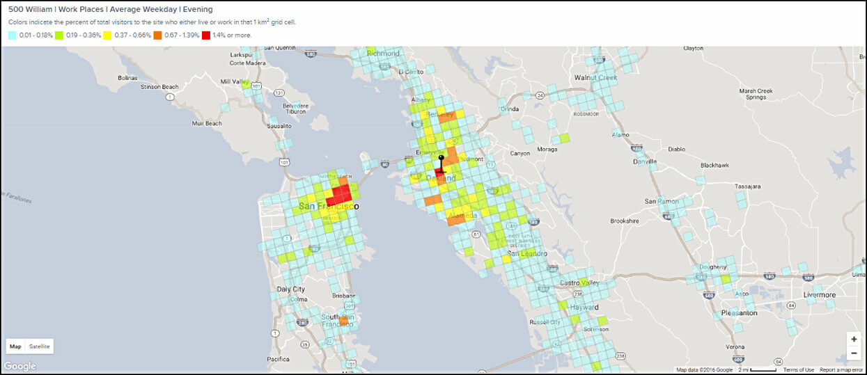 A scan of the San Francisco Bay area highlights the work neighborhoods of people who drive more than 40 miles per day, and currently live in high-hybrid adoption areas.