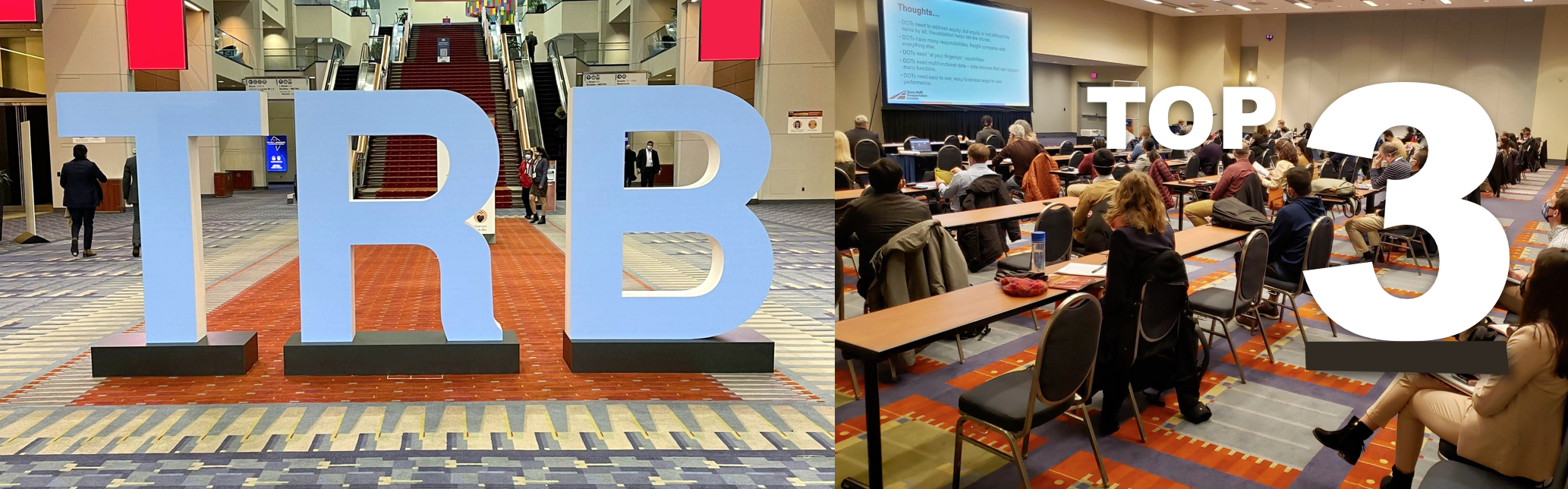 TRB sign and photo of a live session at the TRB Annual Meeting in Washington D.C.