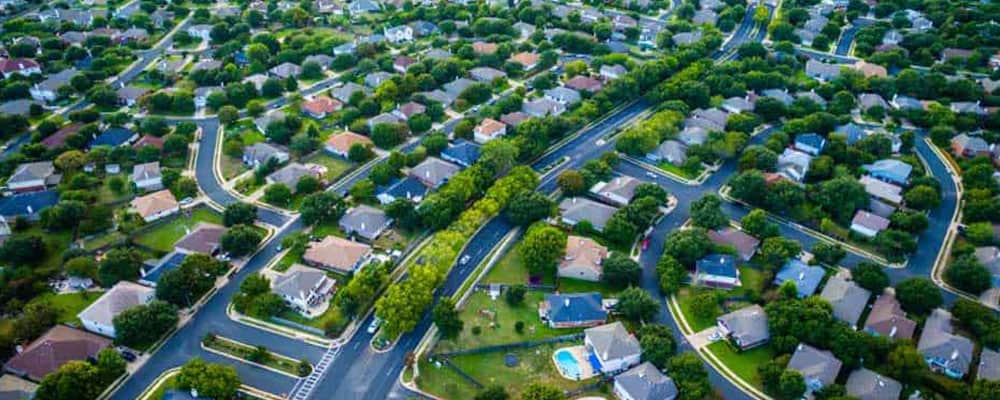 overhead view of suburban neighborhood